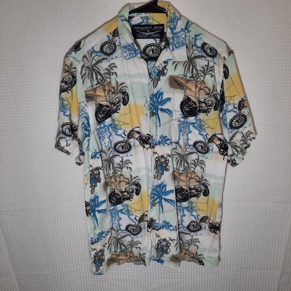 Newport Blue M Shirt Men's Hawaiian Motorcycle Palm Tree Cotton Rayon Aloha - Picture 1 of 7